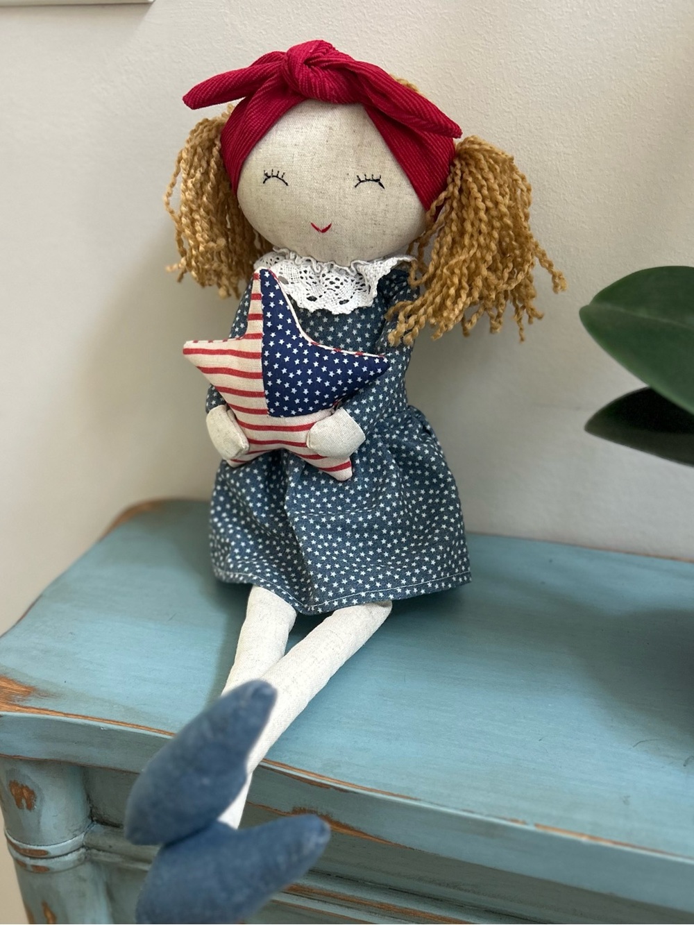 “New”Handmade Holiday Rag Doll with Red Headband and Blue Star Dress